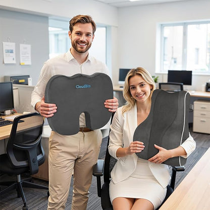 CloudBliss Ergonomic Lumbar Support Pillow Seat Cuhsion - Memory Foam for Lower Back Pain Relief, Adjustable Straps & Mesh Cover for Office, Gaming, Car Seat (Grey)