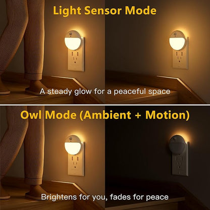 2 Pack Plug in Night Light with Motion Sensor and Dusk to Dawn Sensor, Stepless Dimming, Warm White LED Nightlight with 3 Lighting Ways for Bathroom, Bedroom, Kitchen, for Kids, Adults