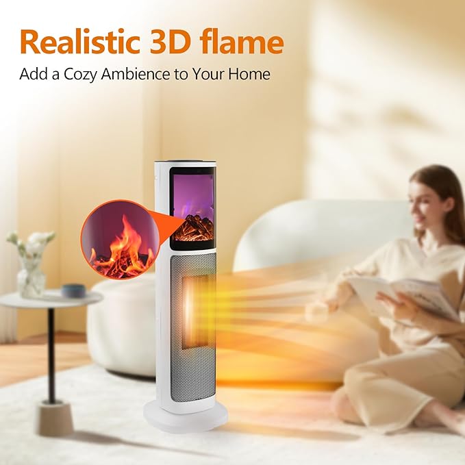 750W/1500W Ceramic Tower Space Heater with 3D Flame, Electric Heater with 65° Oscillation, Adjustable Thermostat and Remote Control, 12H Timer, Overheat Protection for Bedroom Office