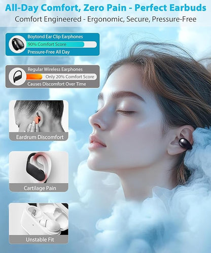 Ultra Open Ear Earbuds - Ergonomic Clip-On Earbuds, Bone Conduction Over-The-Ear Headphones with Waterproof Design and Secure Fit for Small Ears, Carbon Black