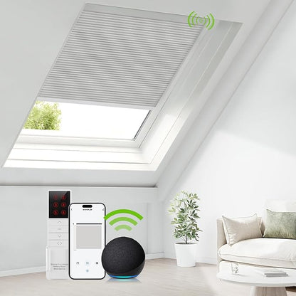 ZSTARR Motorized Skylight Shades Blackout Cellular Honeycomb Electric Blinds with Solar Panel Cordless Rechargeable with Remote for Roof and Slanted Windows Custom Size (LF Printed Greyscale)