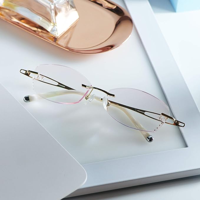 LifeArt Blue Light Blocking Glasses,Computer Reading Glasses,Rimless Frame Tinted Lens with Diamond,Stylish for Women (+1.00 Magnification)