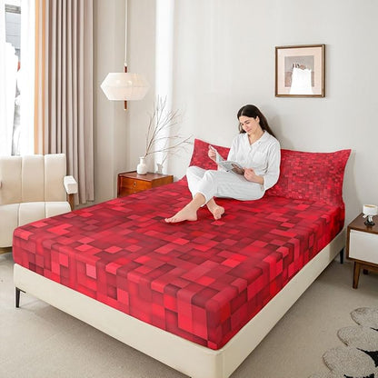 Pixel Grid Kids Full Size Fitted Sheet,Pixelated Video Game Gamepad Boys Girls Bed Sheets,Geometric Square Gaming Room Decor,Red Bedding Set,2 Pillowcases(No Flat)