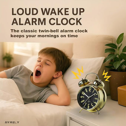 Super Loud Alarm Clock for Heavy Sleepers Adults,Twin Bell Retro 4 Inch Silent Non-Ticking Quartz with Backlight, Metal dial, Alarm Clocks for Bedrooms Bedside(Gold- Black)