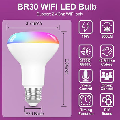 Smart Light Bulbs，BR30 Smart Bulbs Compatible with Alexa，Flood Light Bulbs 10W 900LM,RGBCW Color Changing Light Bulb，2.4Ghz WiFi Bulb,APP Dimmable E26 Base,4Pack