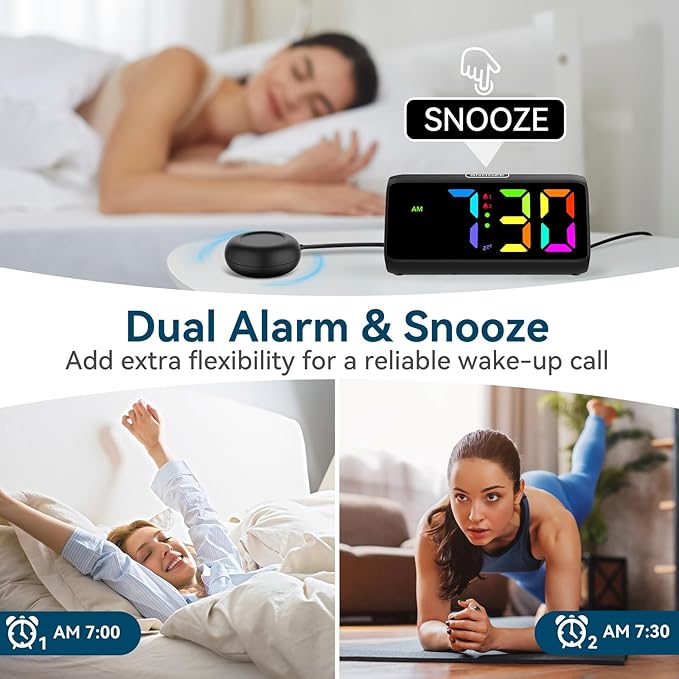 Netzu Loud Alarm Clock for Heavy Sleepers, Plug-in RGB Vibrating Alarm Clocks with Bed Shaker, 5 Dimmers, 2 Alarms and Snooze for Bedrooms Hearing Impaired Deaf Adults (Black)