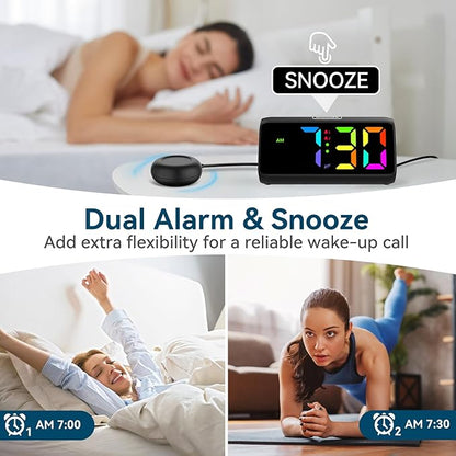Netzu Loud Alarm Clock for Heavy Sleepers, Plug-in RGB Vibrating Alarm Clocks with Bed Shaker, 5 Dimmers, 2 Alarms and Snooze for Bedrooms Hearing Impaired Deaf Adults (Black)