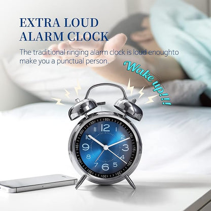 Super Loud Alarm Clock for Heavy Sleepers,4 inches Twin Bell Alarm Clock with Backlight,Battery Operated,Silent Non Ticking,for Kids,Adults,Bedrooms,Retro Decor Desk Analog Clocks. (Blue)