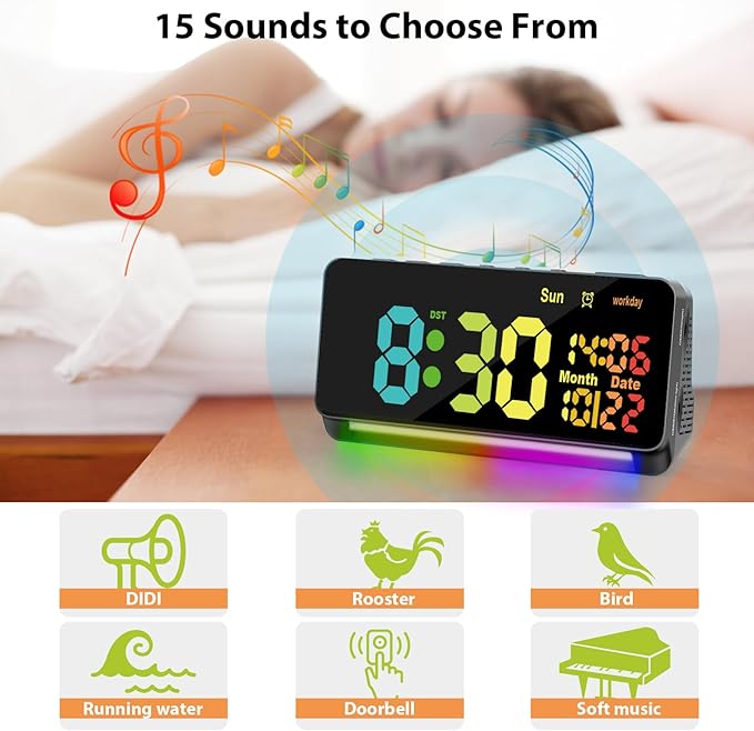 120db Super Loud Alarm Clocks for Heavy Sleepers adults , 15 Wake Up Sounds Alarm Clock for Heavy sleepers , 7 Color Night Light, Dynamic RGB Color , 0-100% Dimmer, Snooze, DST , Large LED Display