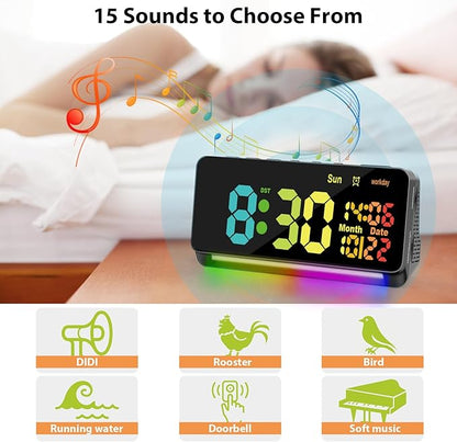 120db Super Loud Alarm Clocks for Heavy Sleepers adults , 15 Wake Up Sounds Alarm Clock for Heavy sleepers , 7 Color Night Light, Dynamic RGB Color , 0-100% Dimmer, Snooze, DST , Large LED Display