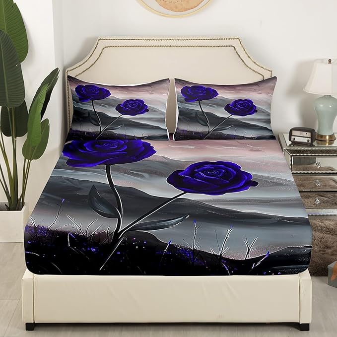 Manfei Blue Roses Fitted Sheet Set Full Size 4 Pcs,Aesthetic Natural Mount Paint Teens Sheets,Romantic Blooming Flowers Bedding Sets (1 Fitted,1 Flat,2 Pillowcases)
