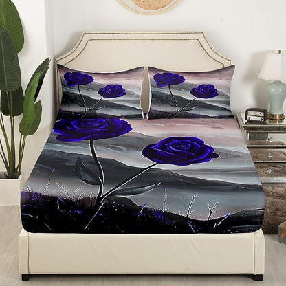 Manfei Blue Roses Bed Sheet Queen Set,Aesthetic Natural Mount Paint Sheet Sets Adults Bedroom Decor,Romantic Blooming Flowers Bedding Set with Flat,Fitted Sheet,2 Pillows
