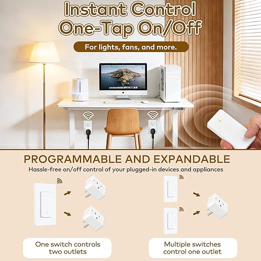 NineLeaf Wireless Remote Power Control Outlet Plug Kit, 4 Square Remote Control Outlet Plug with 1 Switch, 15A/1500W, No Wiring, 500ft RF, Remote Light Switch for Lamps Household
