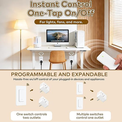 NineLeaf Wireless Remote Power Control Outlet Plug Kit, 4 Square Remote Control Outlet Plug with 1 Switch, 15A/1500W, No Wiring, 500ft RF, Remote Light Switch for Lamps Household