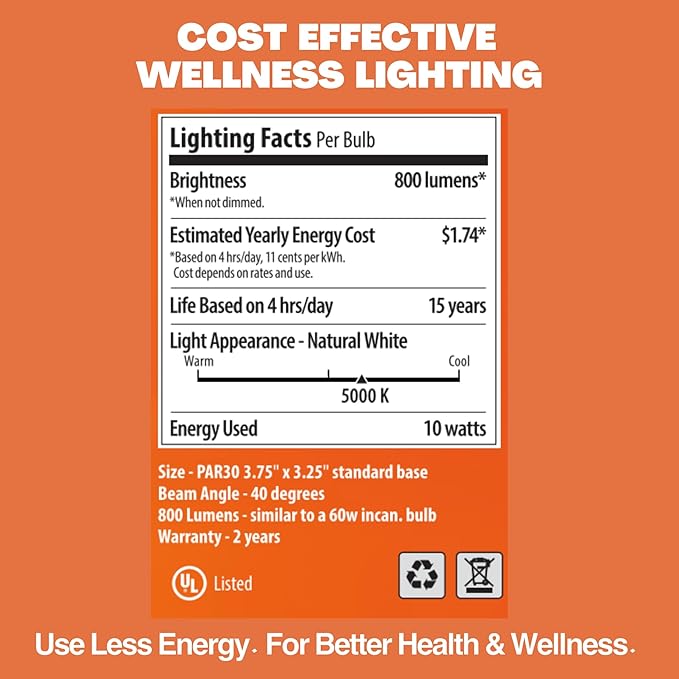 Norb NorbSMILE Full Spectrum Sun Light Bulb - CA California Energy Compliant, Par 30 Long Neck, 10W LED Flood Style Light Bulb, Natural Sunlike Spectrum Imitates Sunlight Indoors, Patented (1-Pack)