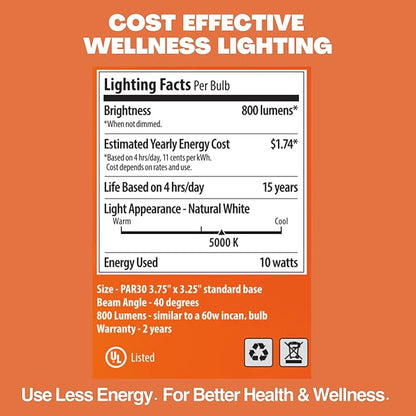 Norb NorbSMILE Full Spectrum Sun Light Bulb - CA California Energy Compliant, Par 30 Long Neck, 10W LED Flood Style Light Bulb, Natural Sunlike Spectrum Imitates Sunlight Indoors, Patented (1-Pack)