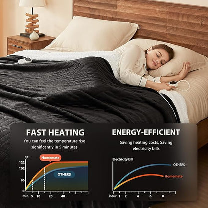 Homemate Heated Electric Blanket Queen Size - 84"x90" Heating Bed Blanket Throw with 10 Heating Levels 8 Hours Auto Off Fast Heating Over-Heat Protection Ultra Soft Flannel ETL Certified, Black