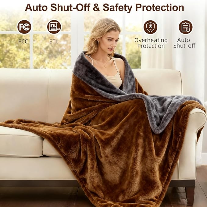 Electric Heated Blanket Throw 50''x60'' – Soft Dual-Sided Flannel, 12 Heat Settings, Smart Timer, ETL & FCC Certified, Machine Washable (Brown & Gray, Single(50"x60"))