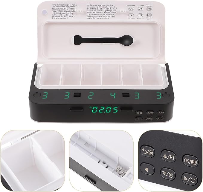 Mikinona Portable Organizer with Alarm Reminder Medicine Storage Box for Elderly Daily Medication Management White