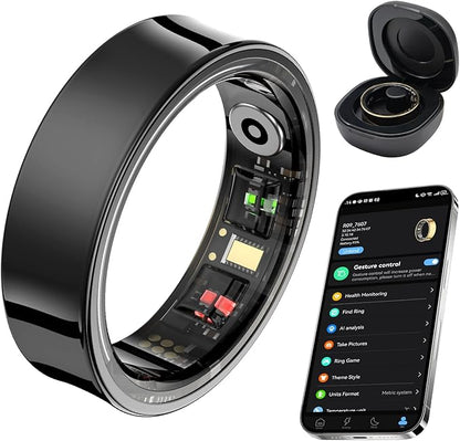 Smart Ring for Women Men, Fitness Tracker Ring with Body Temperature, Heart Rate, Blood Oxygen, Sleep Monitor, Calories, No Subscription Fee, IP68 Waterproof for iPhone & Android (Black, #10)