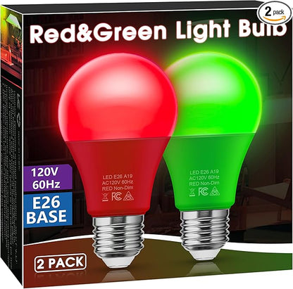 Briignite Red Green Light Bulbs [2 Pack], Christmas Light Bulbs, A19 E26 LED Red Light Bulb Outdoor, Green Light Bulb 9W (60 Watt Equivalent) for Porch Light Christmas Party Home Decor