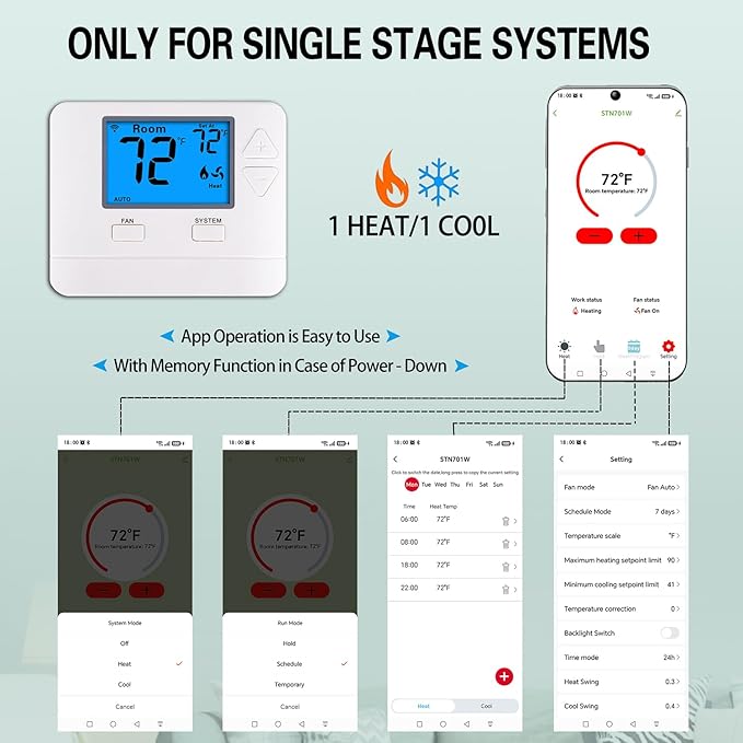 WiFi Thermostats for Home Single-Stage 1Heat/ 1Cool, APP Remote Control, 7-Day or 0-Day Programmable. (C-Wire Required)