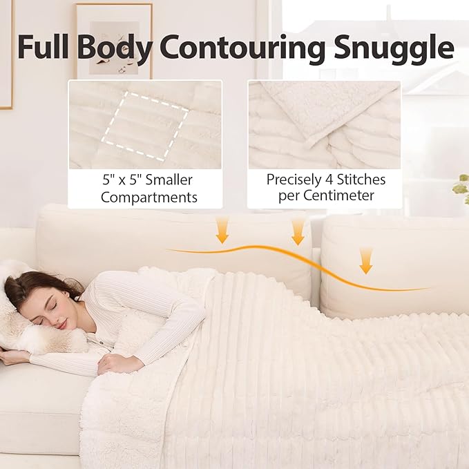Sherpa Fleece Weighted Blanket with 3D Ribbed Stripes, 15 lbs Soft Flannel Heavy Throw Blanket for Couch Full Size Bed, Heavy Thick Blankets with Glass Beads, Great for Deep Sleep, 60" x 80"