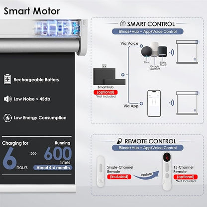 Motorized Roller Blinds with Remote Control & Solar Panel - 100% Blackout Smart Blinds, Automatic, Cordless, Electric Shades - Compatible with Alexa - Black