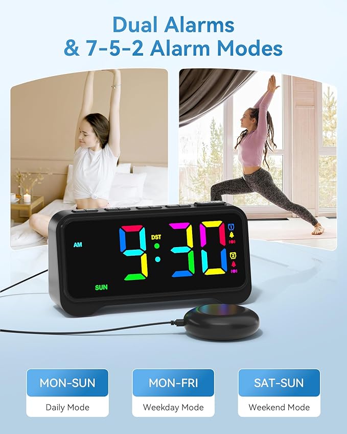 Vibrating Alarm Clock for Heavy Sleepers, Digital Alarm Clock with Bed Shaker, RGB Colorful Changing, Night Light, USB Charger, Dimmable Loud Bedside Desk Clock for kids, Hearing Impaired Deaf, Adults
