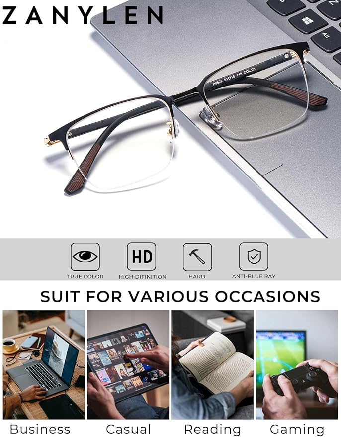 Blue Light Blocking Glasses Men Computer Gaming Glasses Rectangle Metal Semi-rimless Black/Golden Frame Anti Glare/UV400 Clear Lens