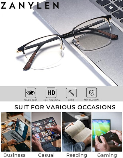 Blue Light Blocking Glasses Men Computer Gaming Glasses Rectangle Metal Semi-rimless Black/Golden Frame Anti Glare/UV400 Clear Lens