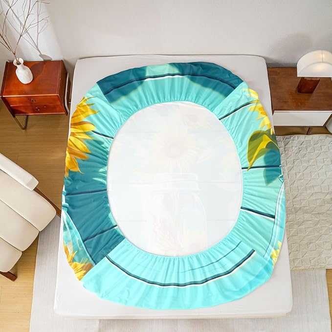 Yellow Sunflower Kids Twin Size Fitted Sheet,Farmhouse Floral Flower Boys Girls Bed Sheets,Butterfly Rustic Wooden Room Decor,Teal Yellow Bedding Set,1 Pillowcase(No Flat)