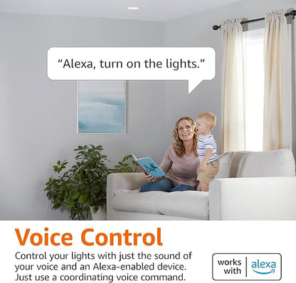 Amazon Basics Smart BR30 LED Light Bulbs for Bedroom Living Room, Dimmable Soft White (2700K), 9W (60W Equivalent), 800LM, Voice Control, Works with Alexa Only, 2.4 GHz Wi-Fi, No Hub Required, 4-Pack