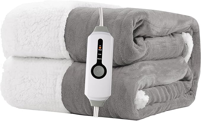 Electric Heated Blanket Throw Size 50"x60" - Dual-Sided with Microplush & Sherpa Fabric, 4 Heat Settings & 3 Hours Auto Off, Machine Washable - Light Gray