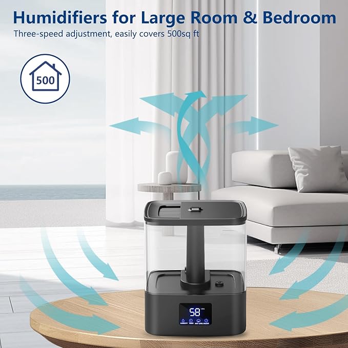 KZF 4L Top Fill Humidifiers for Bedroom & 60H Runtime - Cool Mist Humidifier, 3 Mist Levels, 8H Timer, Essential Oil Tray, Humidity Display, Quiet for Bedroom, Baby, Plants, Large Room (Black, 6L)