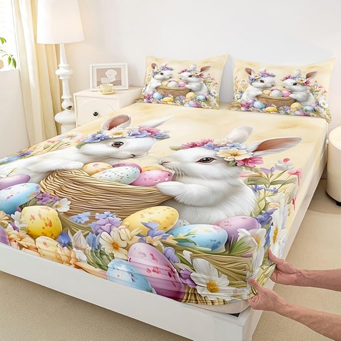 Spring Easter Bed Sheet Queen Size Easter Egg Cute Rabbit Bedding Set Floral Spring Flowers Fitted Sheet Kids Boys Girls Room Decor Yellow Colorful Soft Sheets with 2 Pillowcase,No Top Flat