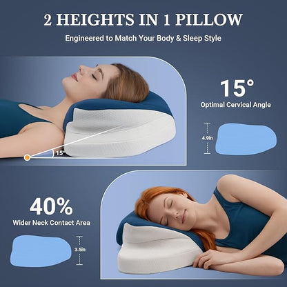 Cervical Neck Support Pillow for Sleeping, Two Heights Memory Foam Ergonomic Contour Pillow, Side Sleeper Pillow for Neck and Shoulder Pain Relief (Blue& White)