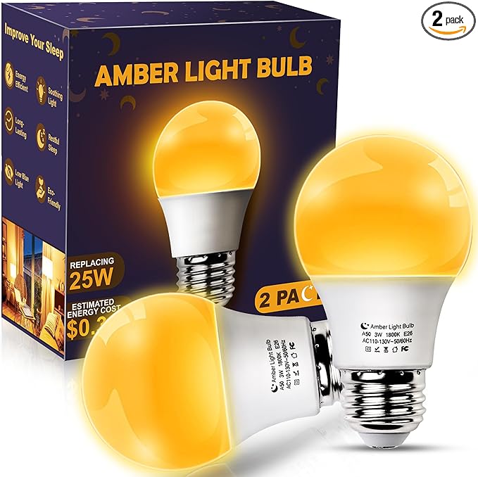 Amber Sleep Light Bulbs, Blue Light Blocking, A15 3W(25 Watt Equivalent) Dim Light Bulbs for Lamp, 1800K Warm Light Bulb, E26 for Healthy Sleep, Bedroom, Kids Room, 2 Pack