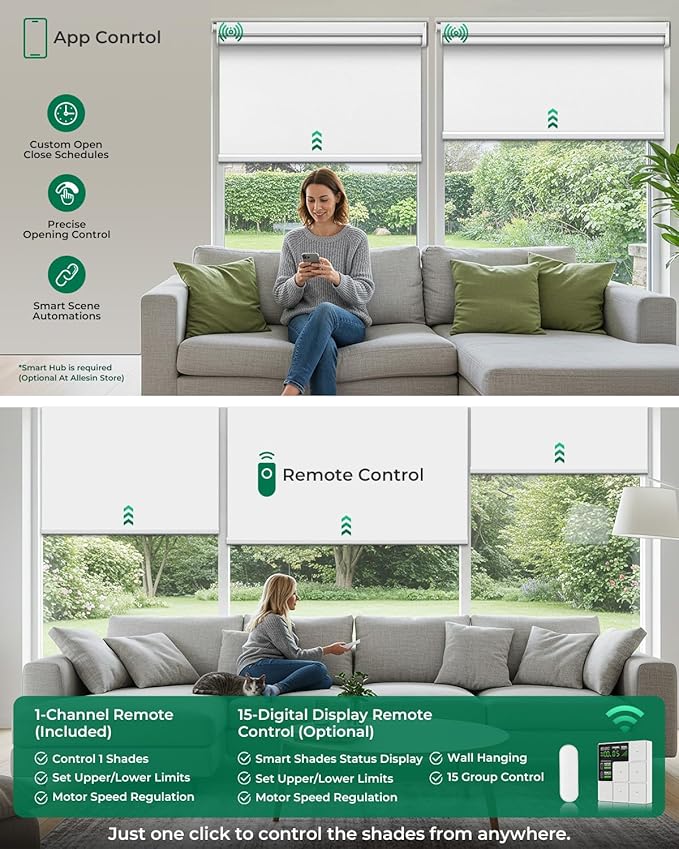 Allesin No Drill Motorized Roller Blinds with Remote Control for Windows, Blackout Automatic Smart Shades, Powered Electric Blind (Custom Size and Color)