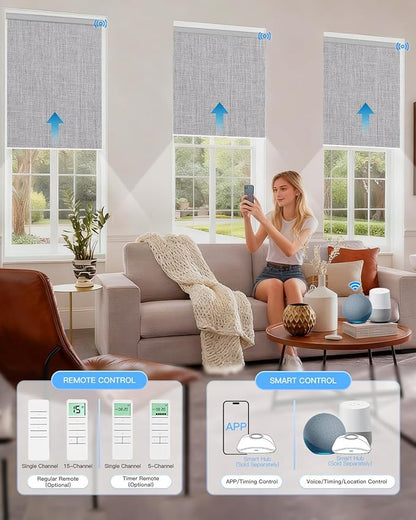 Motorized Roller Shade with Remote Control, Blackout Electric Shade for Windows Compatible with Alexa Google via Hub, Rechargeable Smart Window Blind Customized Size (Fabric Light Grey)