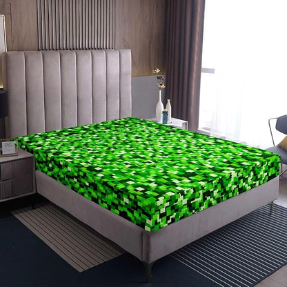 Pixelated Blocks Kids Queen Size Fitted Sheet,Patchwork Square Video Games Room Decor,Abstract Geometric Grid Boys Girls Bed Sheets,Green Bedding Set,2 Pillowcases(No Flat)