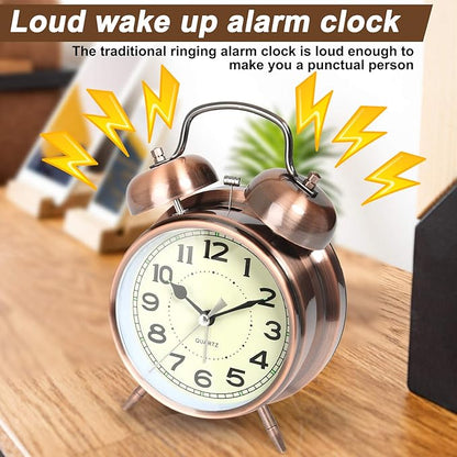 AYRELY® Super Loud Alarm Clock for Heavy Sleepers Adults,Twin Bell Retro 4 Inch Silent Non-Ticking Quartz with Backlight, Alarm Clocks for Bedrooms,Bedside,Study Room (Copper)