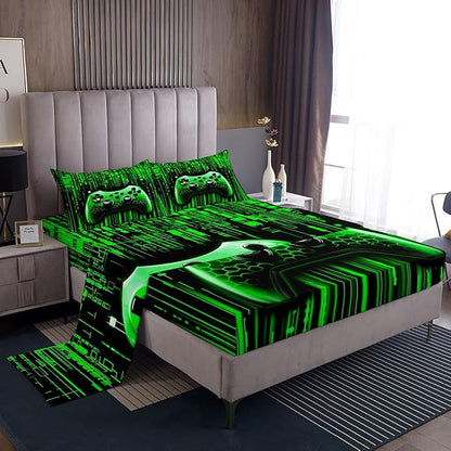 Manfei Gaming Gamepad Kids Sheet Full Size,3D Neon Lights Geometric Bedding Set,Boys Girls Room Decor,Modern Videogames Gamer Controller Green Fashion Bed Sheet Set 4pcs(Fitted + Flat + 2 Pillowcases)