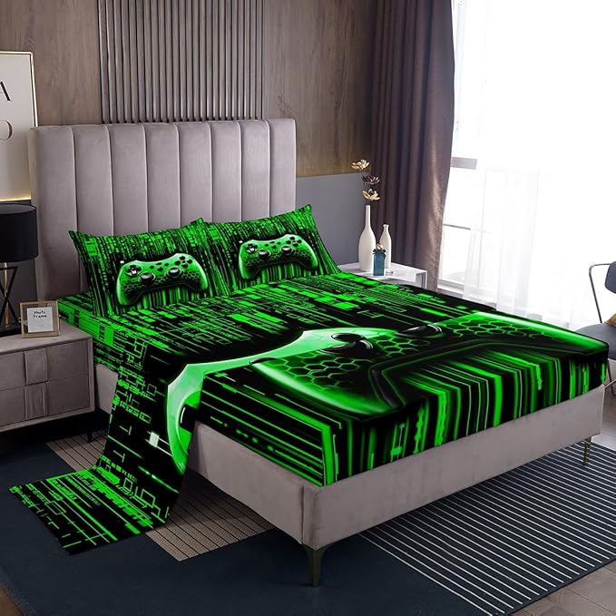 Manfei Gaming Gamepad Kids Sheet King Size,3D Neon Lights Geometric Bedding Set,Boys Girls Room Decor,Modern Videogames Gamer Controller Green Fashion Bed Sheet Set 4pcs(Fitted + Flat + 2 Pillowcases)
