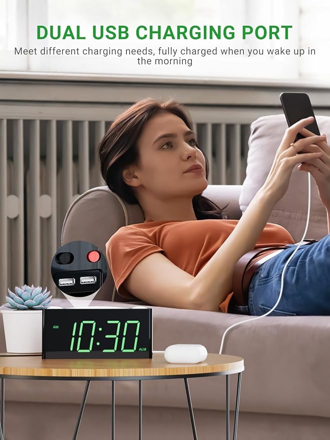 Extra Loud Vibrating Alarm Clock with Bed Shaker for Heavy Sleeper Deaf Hard of Hearing, Large LED Display Digital Clock for Bedroom,Dimmer,Night Light,USB Phone Charger,Battery Backup,Senior Teen Kid