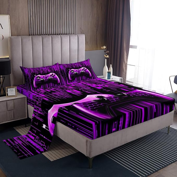 3D Games Gamepad Kids Sheet Queen Size,Modern Videogaming Gamer Controller Bedding Set,Boys Girls Room Decor,Geometric Neon Lights Fashion Purple Bed Sheet Set 4pcs(Fitted + Flat + 2 Pillowcases)