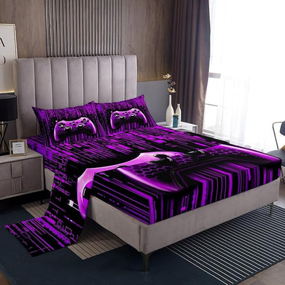 3D Games Gamepad Kids Sheet Full Size,Modern Videogaming Gamer Controller Bedding Set,Boys Girls Room Decor,Geometric Neon Lights Fashion Purple Bed Sheet Set 4pcs(Fitted + Flat + 2 Pillowcases)