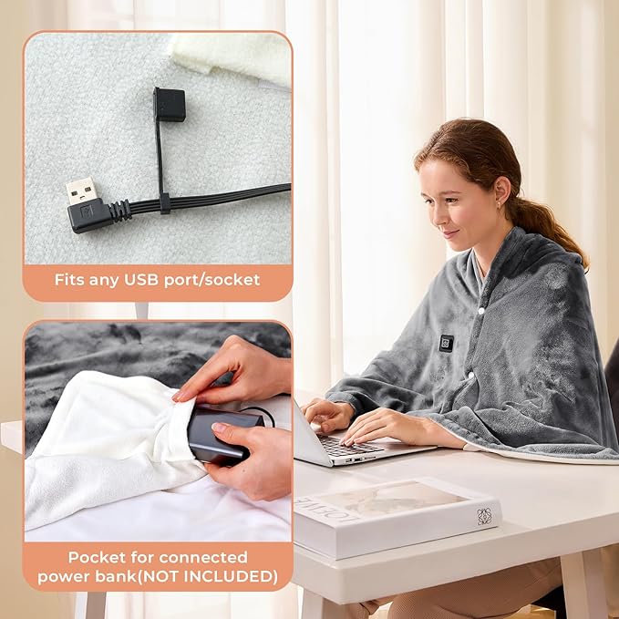 JOLLYVOGUE USB Heated Blanket Throw, Wearable & Portable Heating Electric Blanket for Adults, 3 Levels & 8 Heating Zone Shawl for Indoor & Outdoor, Light Grey (Battery Not Included)
