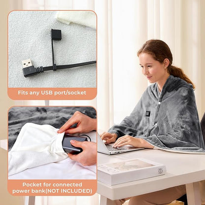 JOLLYVOGUE USB Heated Blanket Throw, Wearable & Portable Heating Electric Blanket for Adults, 3 Levels & 8 Heating Zone Shawl for Indoor & Outdoor, Light Grey (Battery Not Included)