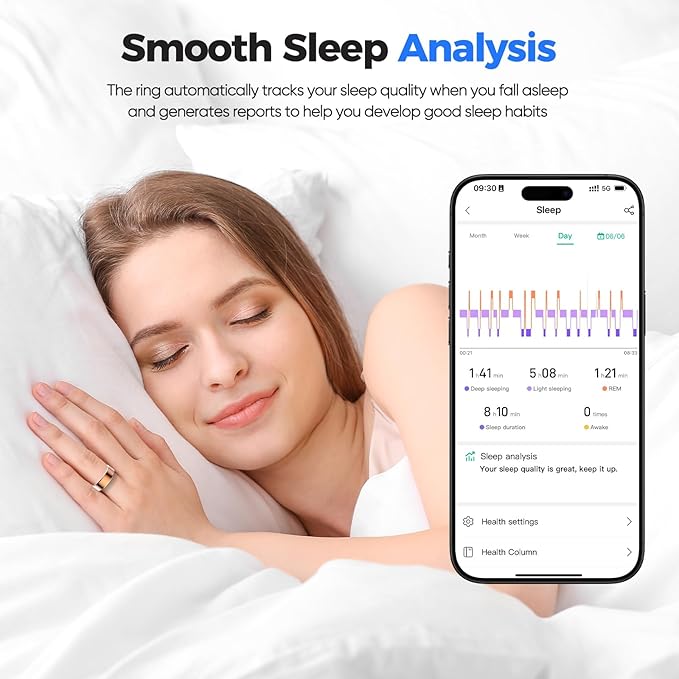 Smart Ring Health Tracker, Sleep/Exercise Monitoring, iOS/Android Compatible, IP68 Water Resistance, No Subscription Required, 5-Day Battery Life, Suitable for Both Women and Men (Black, 8)
